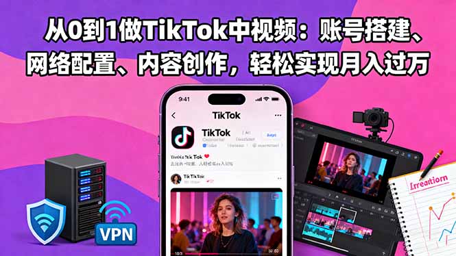 从0到1做TikTok中视频：账号搭建、网络配置、内容创作，轻松实现月入过万-阿鹏创业资源网