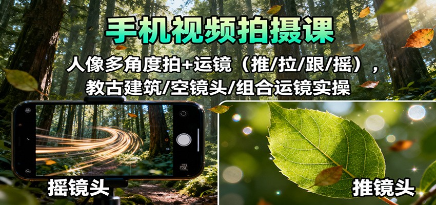 手机视频拍摄课：人像多角度拍+运镜(推/拉/跟/摇)，古建筑/空镜头/组合运镜实操-阿鹏创业资源网