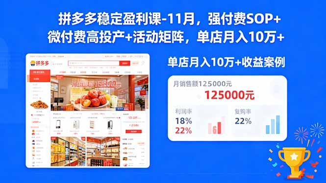 拼多多稳定盈利课-11月，强付费SOP+微付费高投产+活动矩阵，单店月入10万+-阿鹏创业资源网