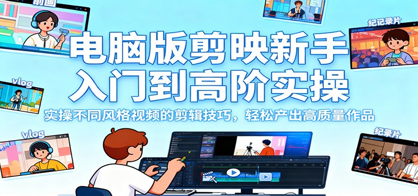 电脑版剪映新手入门到高阶实操，实操不同风格视频的剪辑技巧，轻松产出高质量作品-阿鹏创业资源网